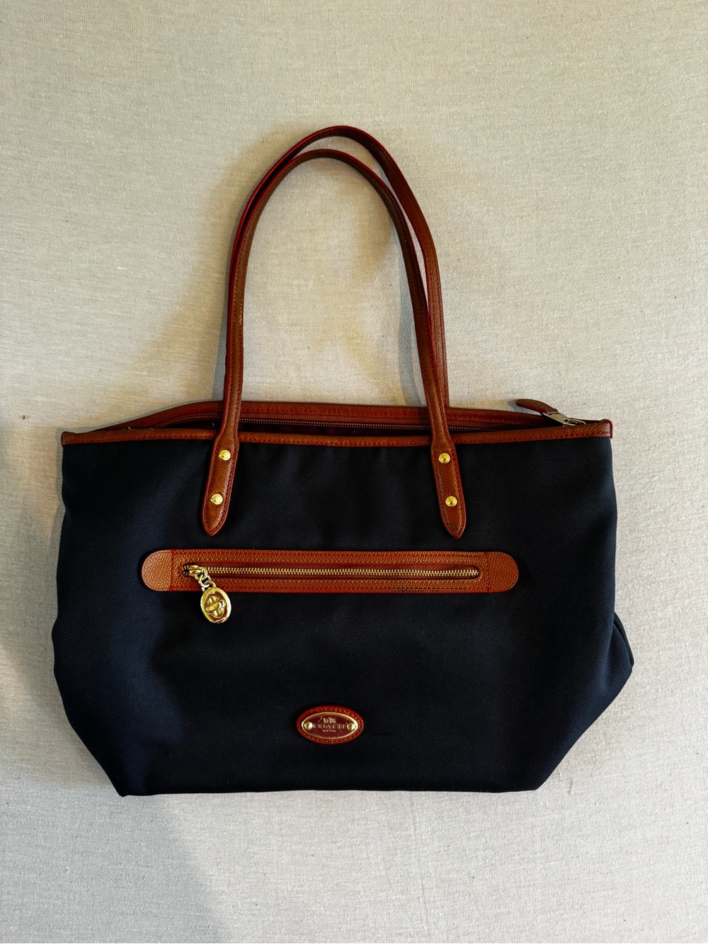 Vintage Coach Navy Canvas Tote with Brown Leather Trim and Gold Hardware